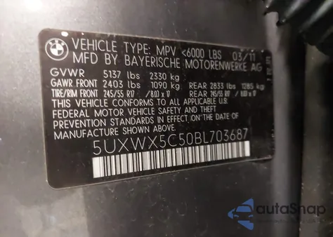 2011 BMW X3 xDrive28I из США, поврежденный, VIN 5UXWX5C50BL703687